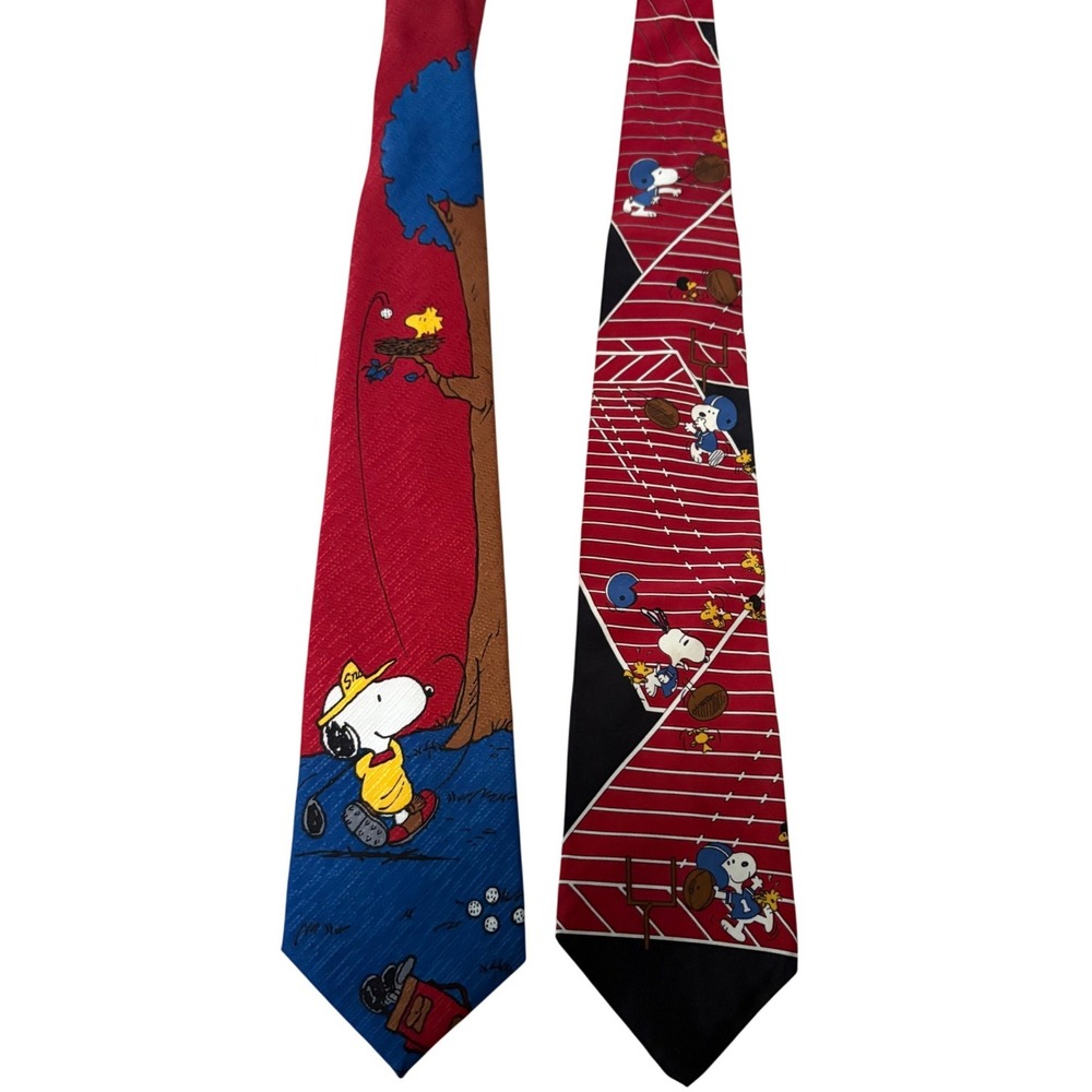 Lot of 2 Vintage Peanuts Snoopy Silk Ties 4" Wide Golf Football Sports Cartoon